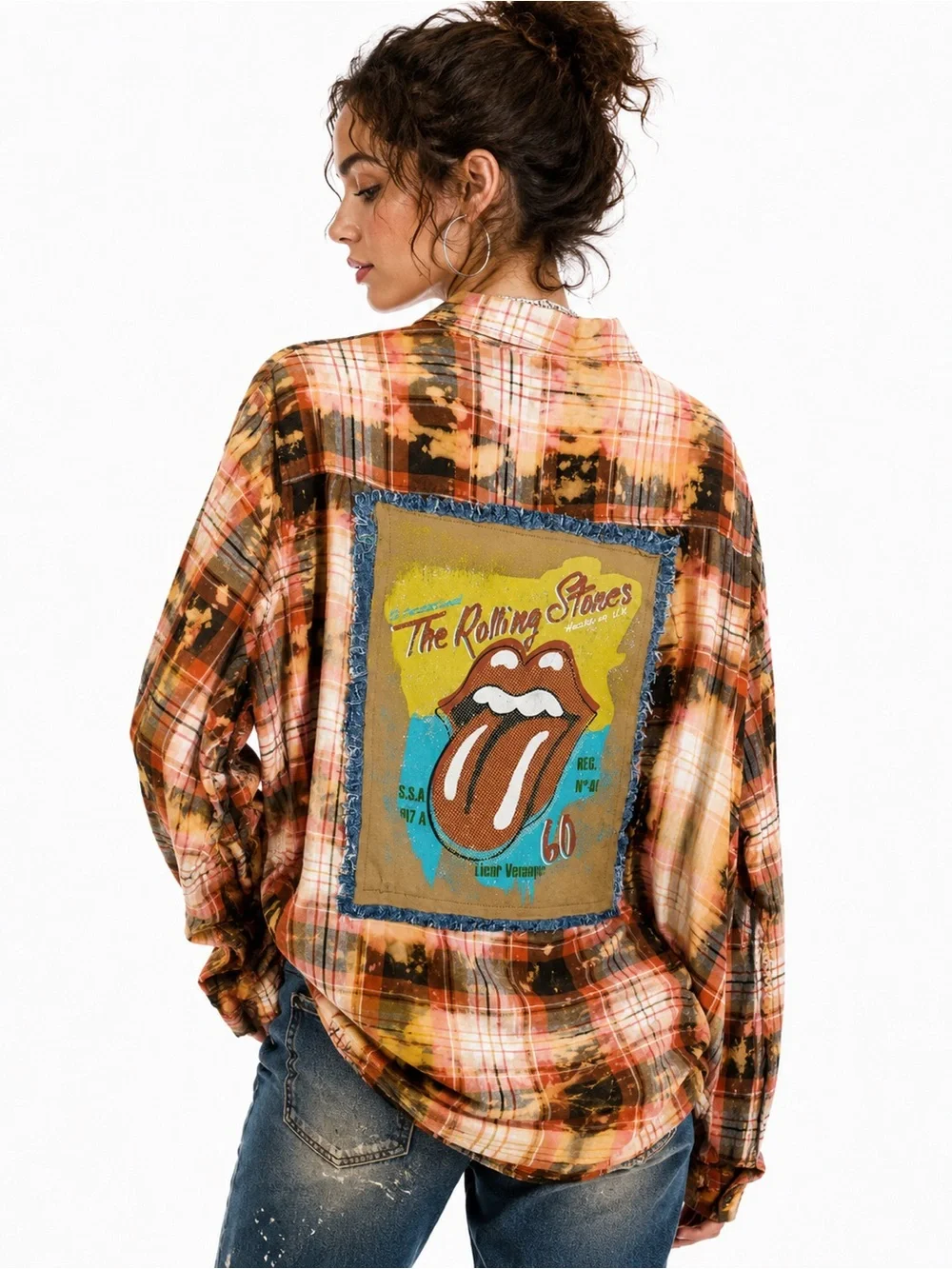 the Rolling Stones Plaid Button-Down Shirt in Pink, Brown & Yellow Patch Ptp 31